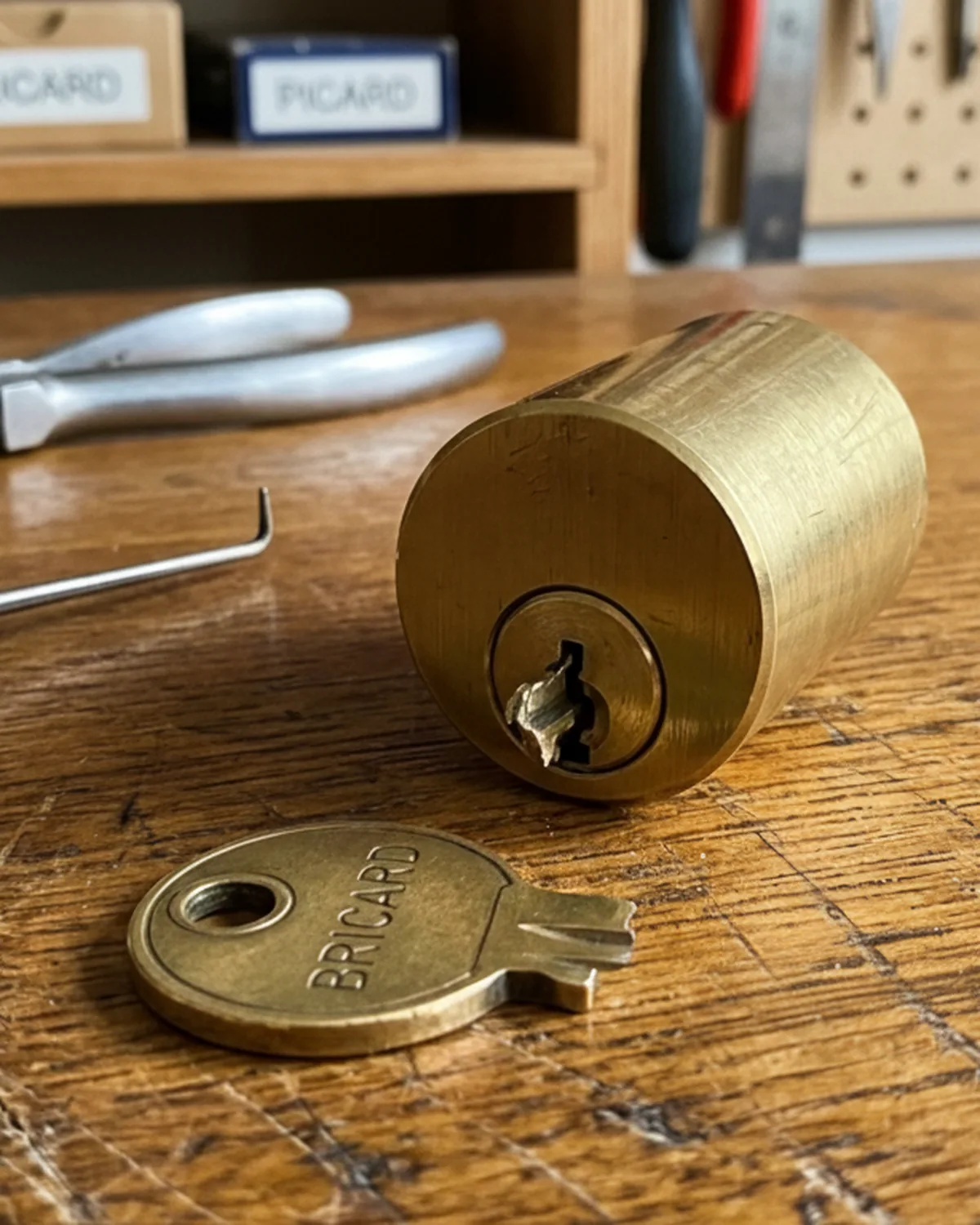 Clé cassée dans le cylindre — panneton Bricard détaché sur établi atelier serrurier Arti.AI Nice