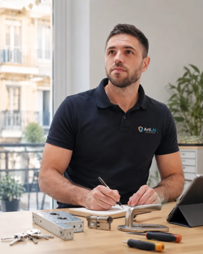 Guillaume Dieulafait, serrurier Arti.AI, rédigeant ses conseils à son bureau à Nice — blog et guides serrurerie