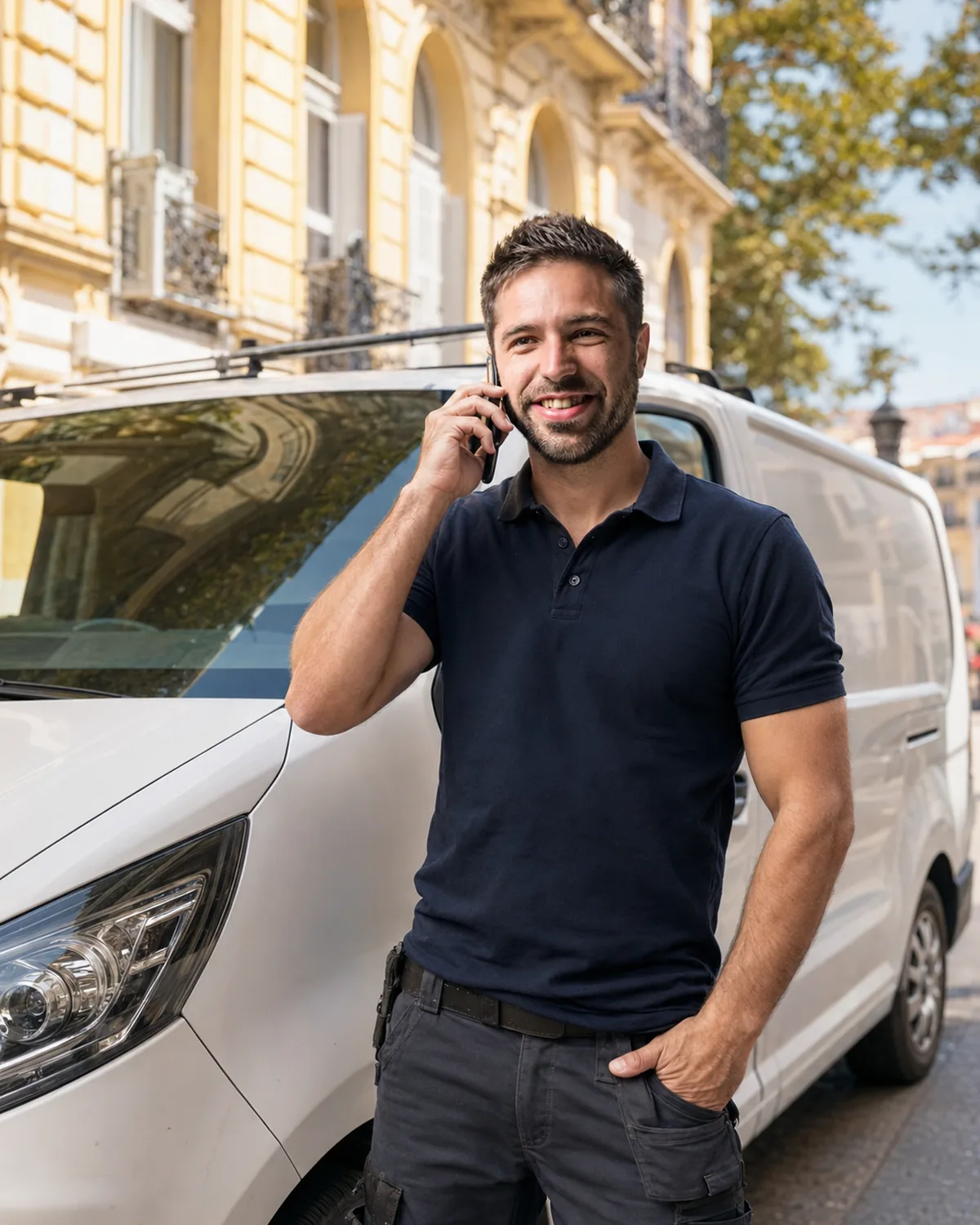Artisan serrurier Arti.AI au téléphone devant son fourgon dans une rue de Nice, disponible 24h/24 et 7j/7