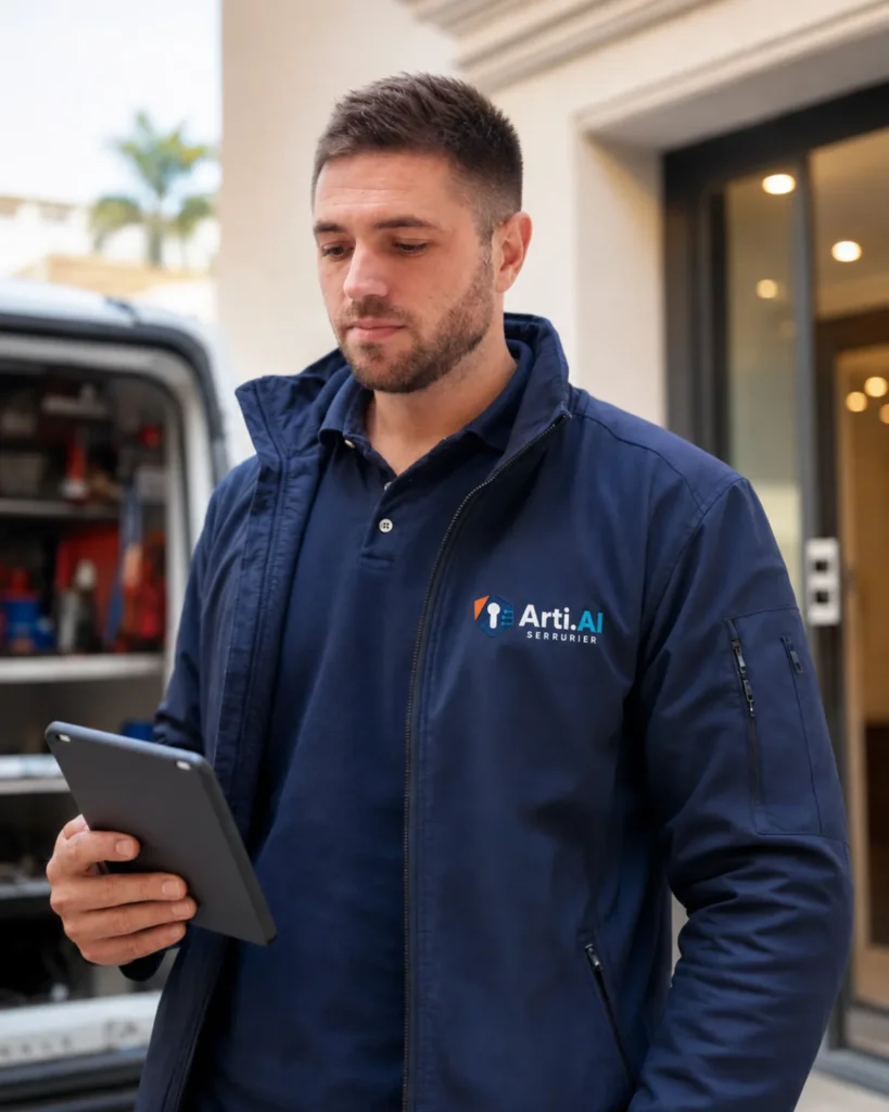 Serrurier Arti.AI consultant un devis sur tablette devant son fourgon à Nice — estimation rapide en ligne