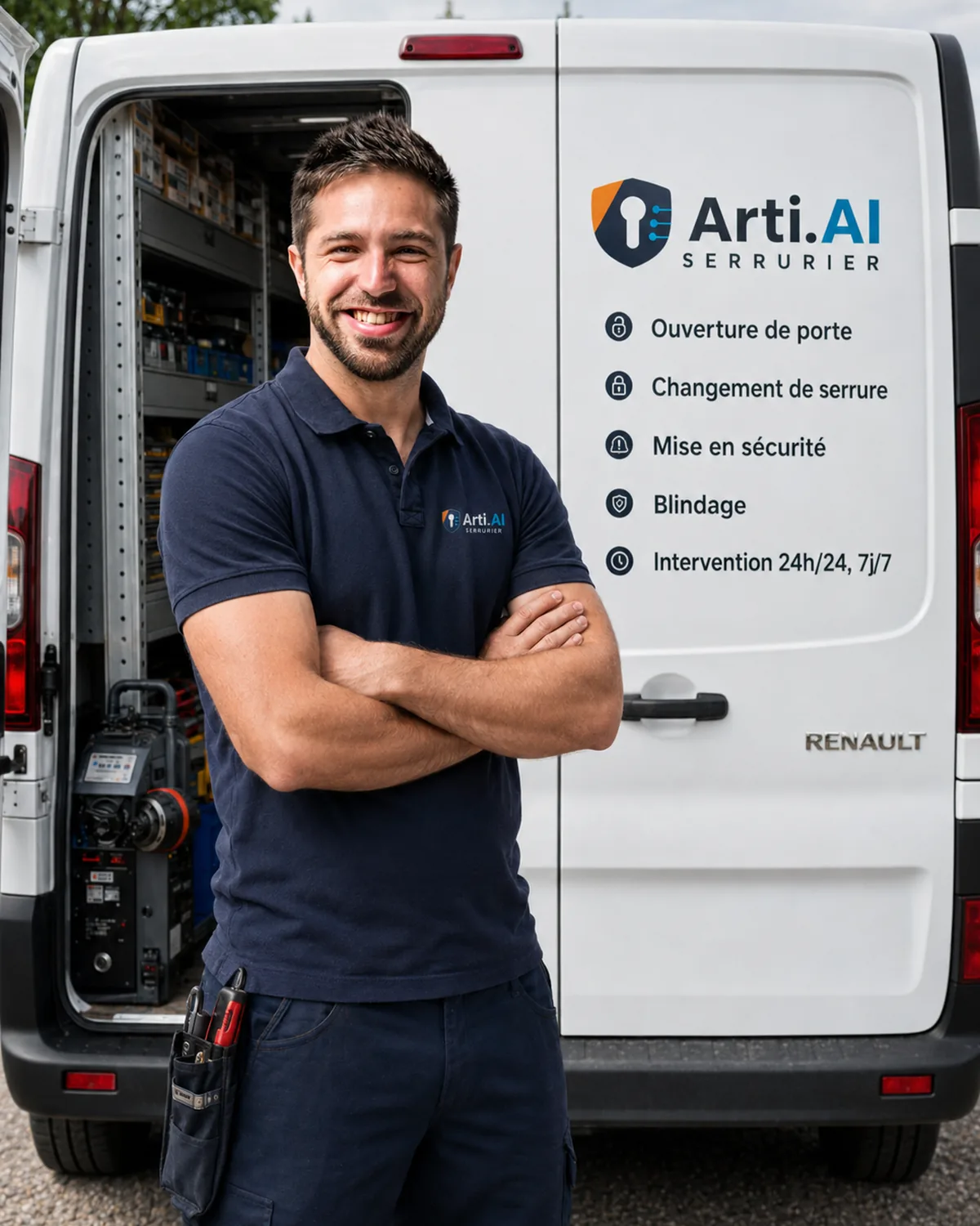 Guillaume Dieulafait, serrurier Arti.AI, devant son fourgon à Nice — ouverture de porte, changement de serrure, mise en sécurité, blindage, 24h/24